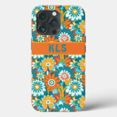 Retro Groovy Blauwgroen Sinaasappel & geel bloemmo Case-Mate iPhone Case (Achterkant)