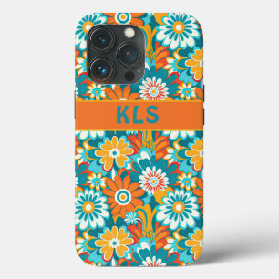 Retro Groovy Blauwgroen Sinaasappel & geel bloemmo Case-Mate iPhone Case