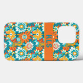 Retro Groovy Blauwgroen Sinaasappel & geel bloemmo Case-Mate iPhone Case (Achterkant (horizontaal))