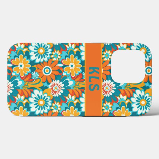 Retro Groovy Blauwgroen Sinaasappel & geel bloemmo Case-Mate iPhone Case (Achterkant (horizontaal))