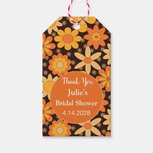 Retro Groovy Bloem Orange geel Dank je Cadeaulabel (Voorkant)