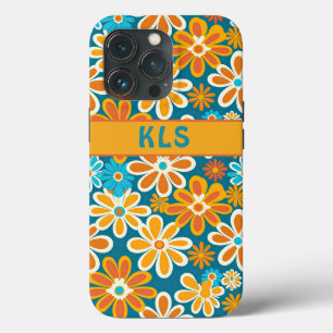 Retro Groovy Bloemen Blauwgroen Geel & Sinaasappel Case-Mate iPhone Case