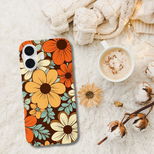 Retro Groovy Bloemen Bloemmotieven Bruin Geel Oran iPhone 16 Hoesje