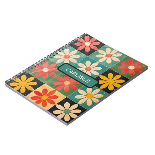 Retro Groovy Bloemen Doos Patroon Roze Geel Daisy Notitieboek (Linkerzijde)