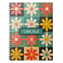 Retro Groovy Bloemen Doos Patroon Roze Geel Daisy Notitieboek