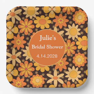 Retro groovy bloemen orange gele bruiloft papieren bordje