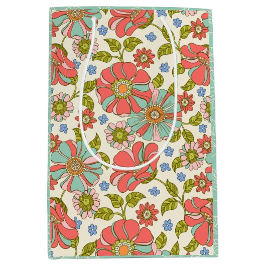 Retro Groovy Bloemenroze en groen Medium Cadeauzakje (Voorkant)