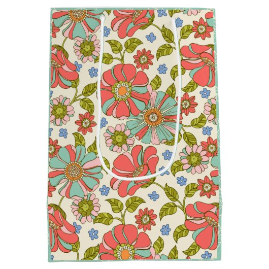 Retro Groovy Bloemenroze en groen Medium Cadeauzakje (Achterkant)