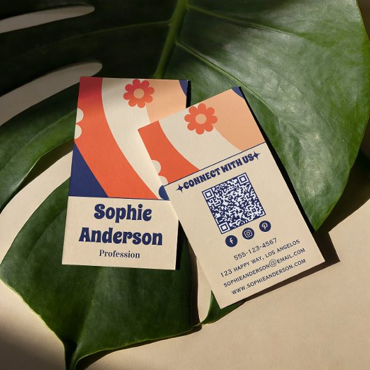 Retro Groovy Bloemige Visitekaartje met QR-code