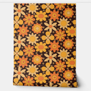 Retro Groovy Bloemmotief Geel en Oranje Behang