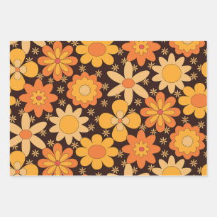 Retro Groovy Bloemmotief Geel en Oranje Inpakpapier Vel