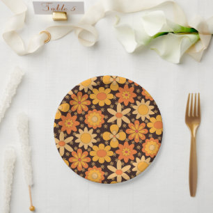 Retro Groovy Bloemmotief Geel en Oranje Papieren Bordje