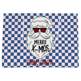 Retro Groovy Blue Checkered Santa Claus Christmas  Groot Cadeauzakje