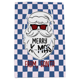 Retro Groovy Blue Checkered Santa Claus Christmas  Medium Cadeauzakje