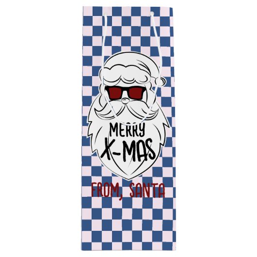 Retro Groovy Blue Checkered Santa Claus Christmas Wijn Cadeautas (Voorkant)