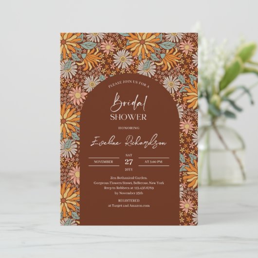 Retro groovy boho arch karmozijnrode sinaasappels kaart (Staand voorkant)