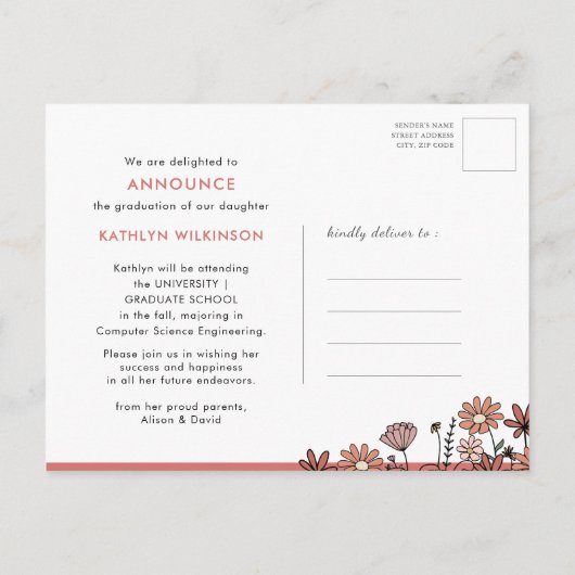 Retro Groovy Boho Bloemenboog Foto Afstuderen Aankondigingskaart (Achterkant)