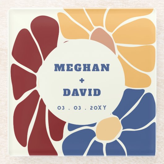 Retro Groovy Boho Chic Bloemen Bruiloft Glazen Onderzetter (Voorkant)