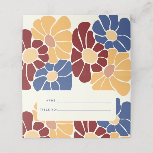 Retro Groovy Boho Chic Bloemen Bruiloft Plaatskaartje (Buitenkant ongevouwen)