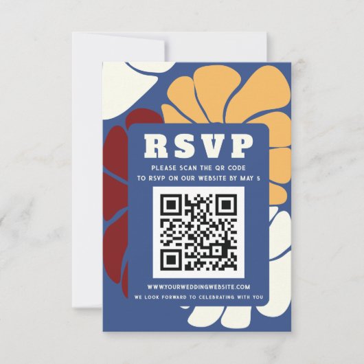 Retro Groovy Boho Chic Bloemen Bruiloft QR CODE RSVP Kaartje (Voorkant)