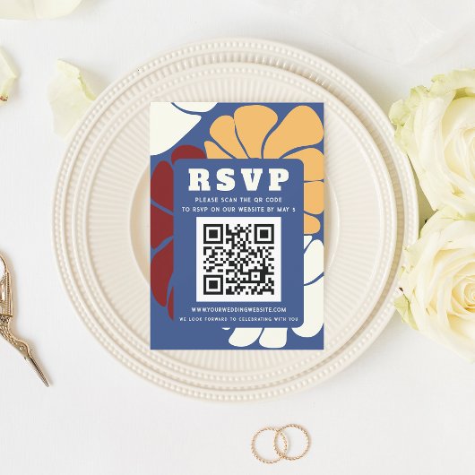 Retro Groovy Boho Chic Bloemen Bruiloft QR CODE RSVP Kaartje