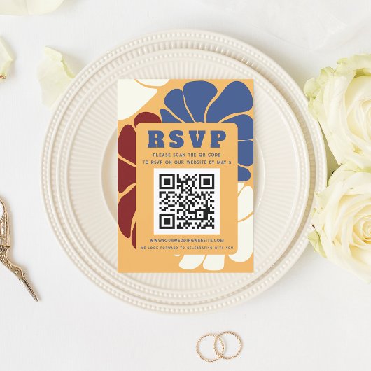Retro Groovy Boho Chic Bloemen Bruiloft QR CODE RSVP Kaartje
