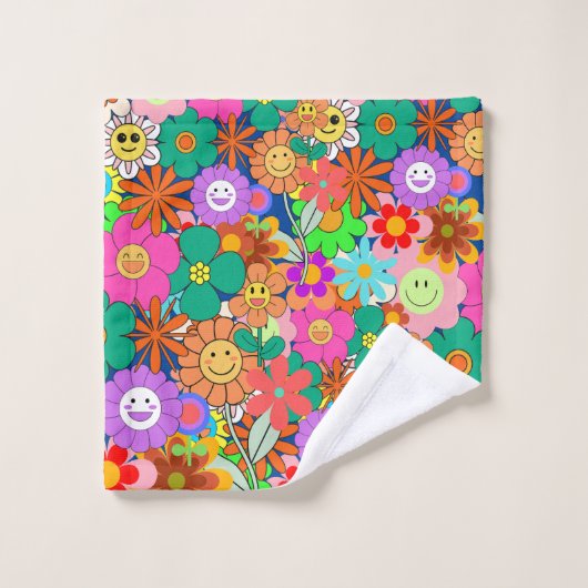 Retro Groovy Boho Hippie Flowers Bad Handdoek (Wasdoekje)