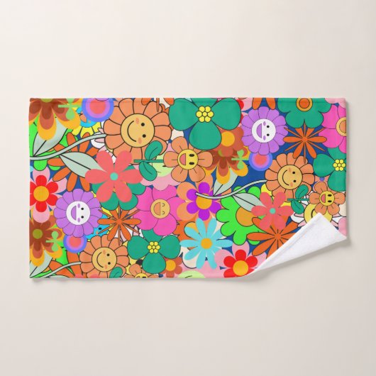Retro Groovy Boho Hippie Flowers Bad Handdoek (Handdoek)