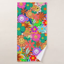Retro Groovy Boho Hippie Flowers Badhanddoek
