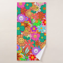 Retro Groovy Boho Hippie Flowers Badhanddoek
