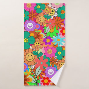 Retro Groovy Boho Hippie Flowers Badhanddoek