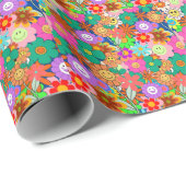 Retro Groovy Boho Hippie Flowers Cadeaupapier (Rol Hoek)