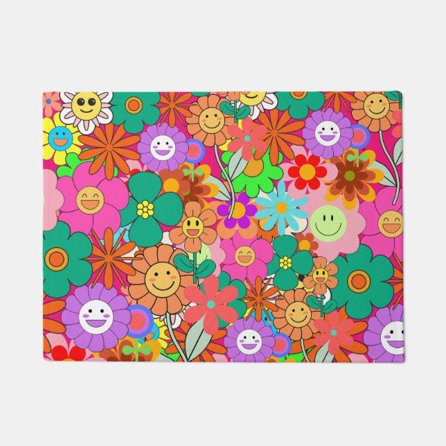 Retro Groovy Boho Hippie Flowers Deurmat (Voorkant)