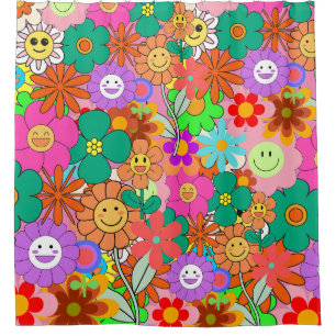 Retro Groovy Boho Hippie Flowers Douchegordijn