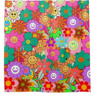 Retro Groovy Boho Hippie Flowers Douchegordijn