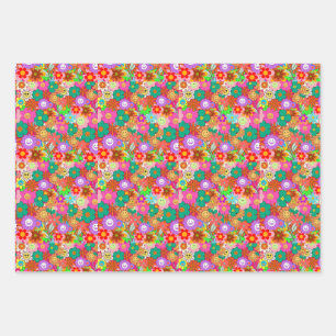 Retro Groovy Boho Hippie Flowers Inpakpapier Vel