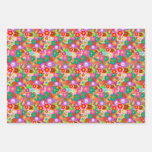 Retro Groovy Boho Hippie Flowers Inpakpapier Vel (Voorkant)