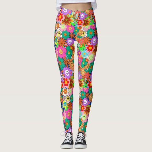 Retro Groovy Boho Hippie Flowers Leggings (Voorkant)