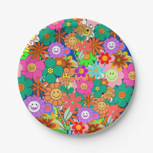 Retro Groovy Boho Hippie Flowers Papieren Bordje