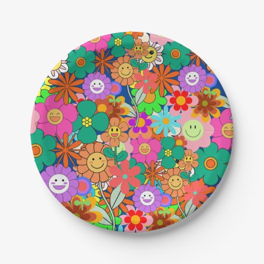 Retro Groovy Boho Hippie Flowers Papieren Bordje (Voorkant)