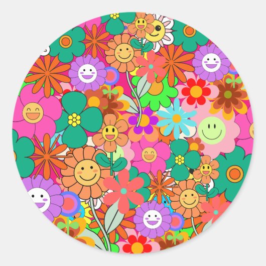 Retro Groovy Boho Hippie Flowers Ronde Sticker (Voorkant)