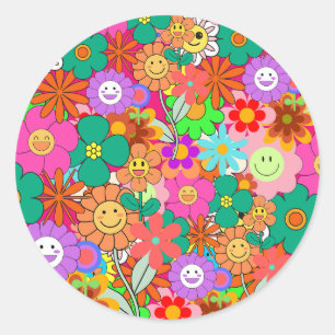 Retro Groovy Boho Hippie Flowers Ronde Sticker