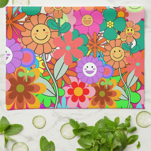 Retro Groovy Boho Hippie Flowers Theedoek (Gevouwen)