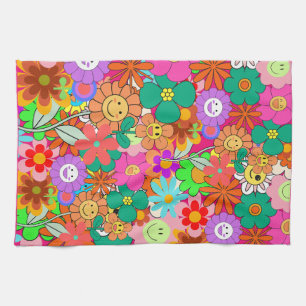 Retro Groovy Boho Hippie Flowers Theedoek