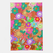 Retro Groovy Boho Hippie Flowers Theedoek (Verticaal)