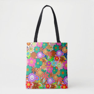 Retro Groovy Boho Hippie Flowers Tote Bag