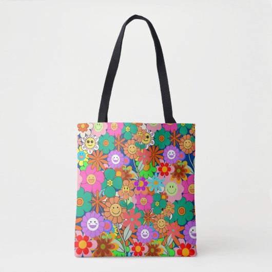 Retro Groovy Boho Hippie Flowers Tote Bag (Voorkant)