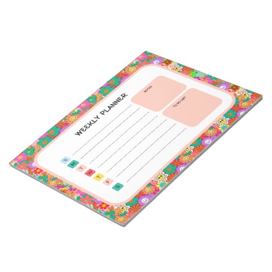 Retro Groovy Boho Hippie Flowers Weekly Planner Notitieblok (Schuin)