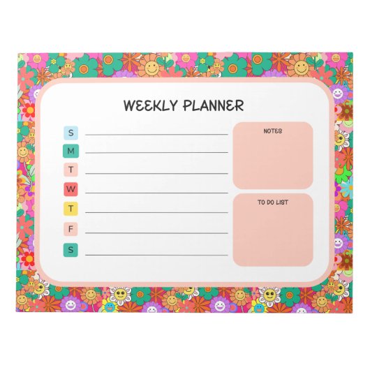 Retro Groovy Boho Hippie Flowers Weekly Planner Notitieblok (Voorkant)