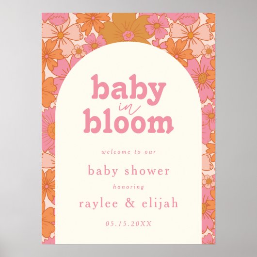 Retro Groovy Boho Roze Baby in Bloom Welkomstbord Poster (Voorkant)